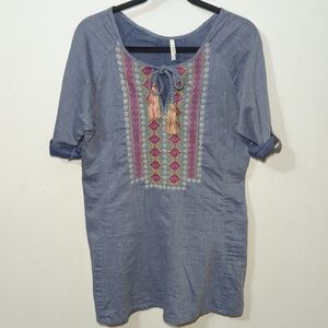 Mountain Khakis Embroidered Tunic Top Blue Roll Tab Sleeves Women's Size S